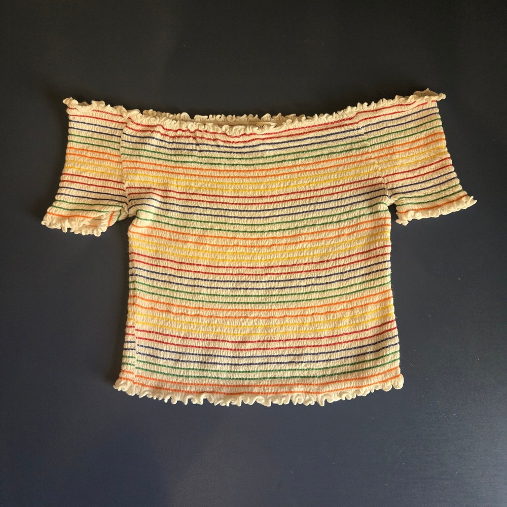 Heart & Hips Y2K Rainbow Striped Smocked Off Shoulder Crop Top White L AY19270F
